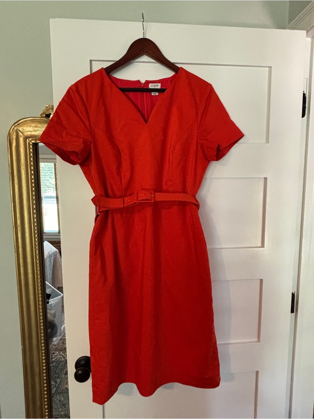 Orange Belted V-Neck Sheath Dress